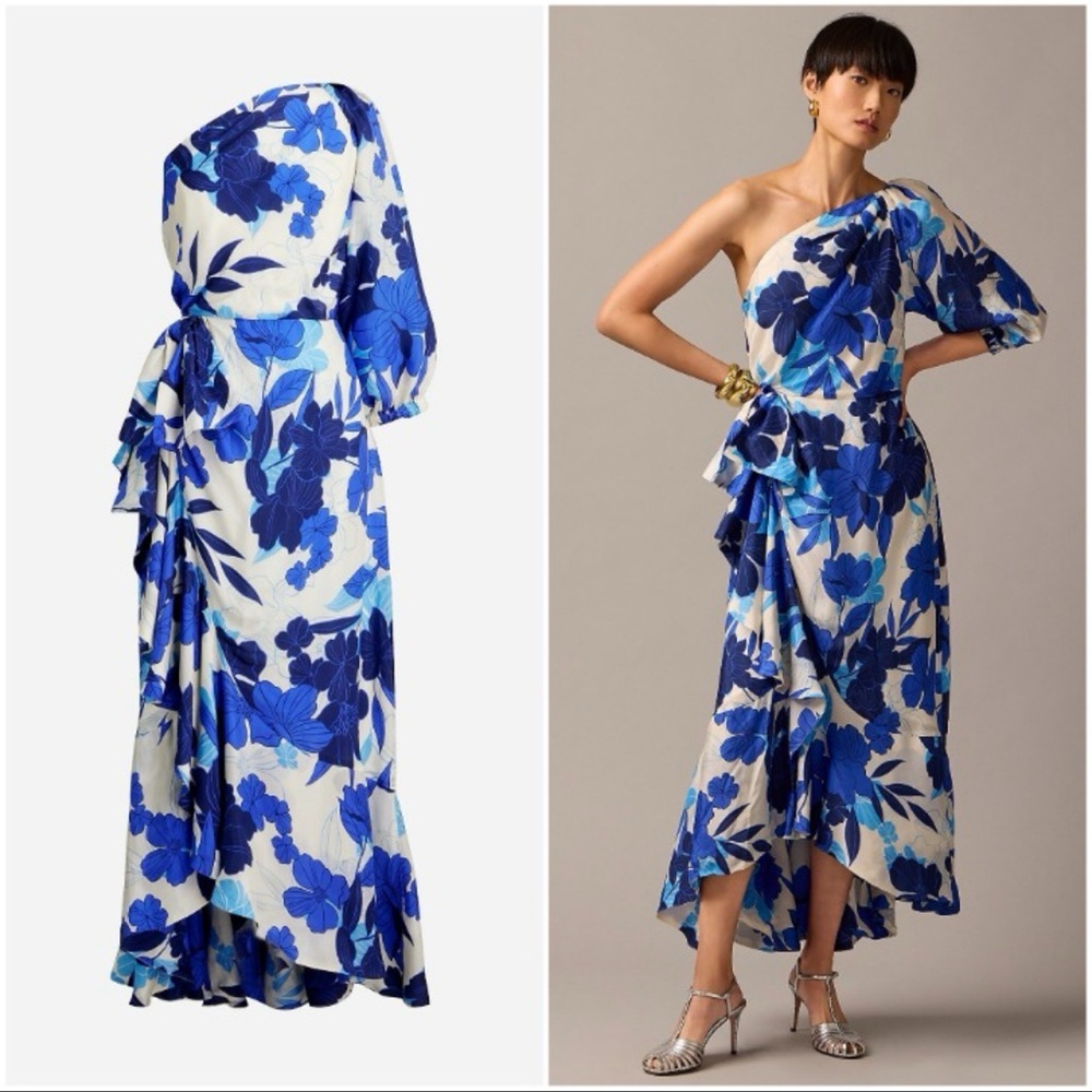 J. Crew collection Blue white floral one shoulder maxi Dress Ruffled size 10